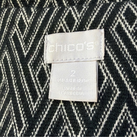 EUC Chico’s Size 2 (12-14/L) Black/White Open Front Stretch Jacket longline - Picture 9 of 10